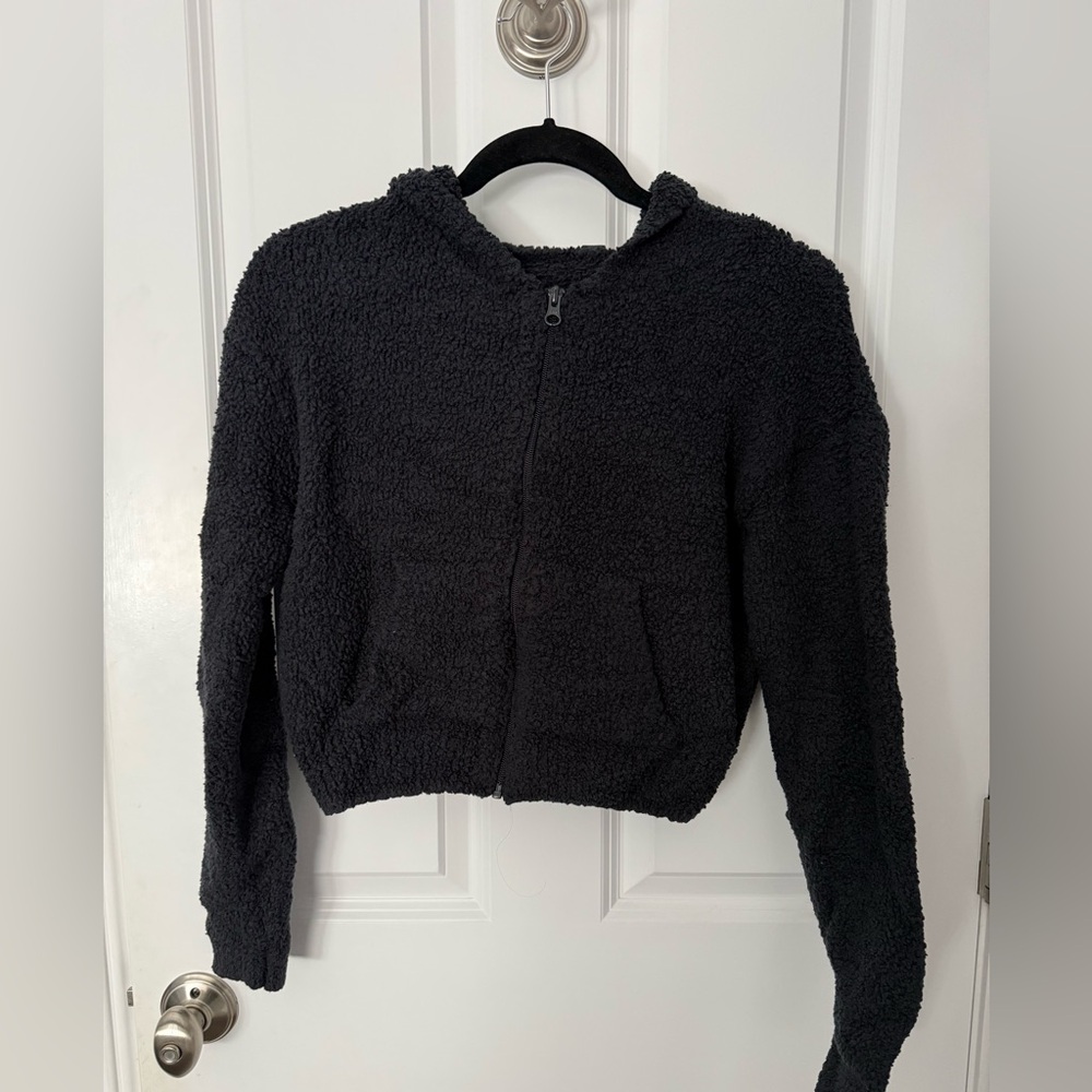 SKIMS | Black Fuzzy Crop Long Sleeve Zip-Up Hoodie